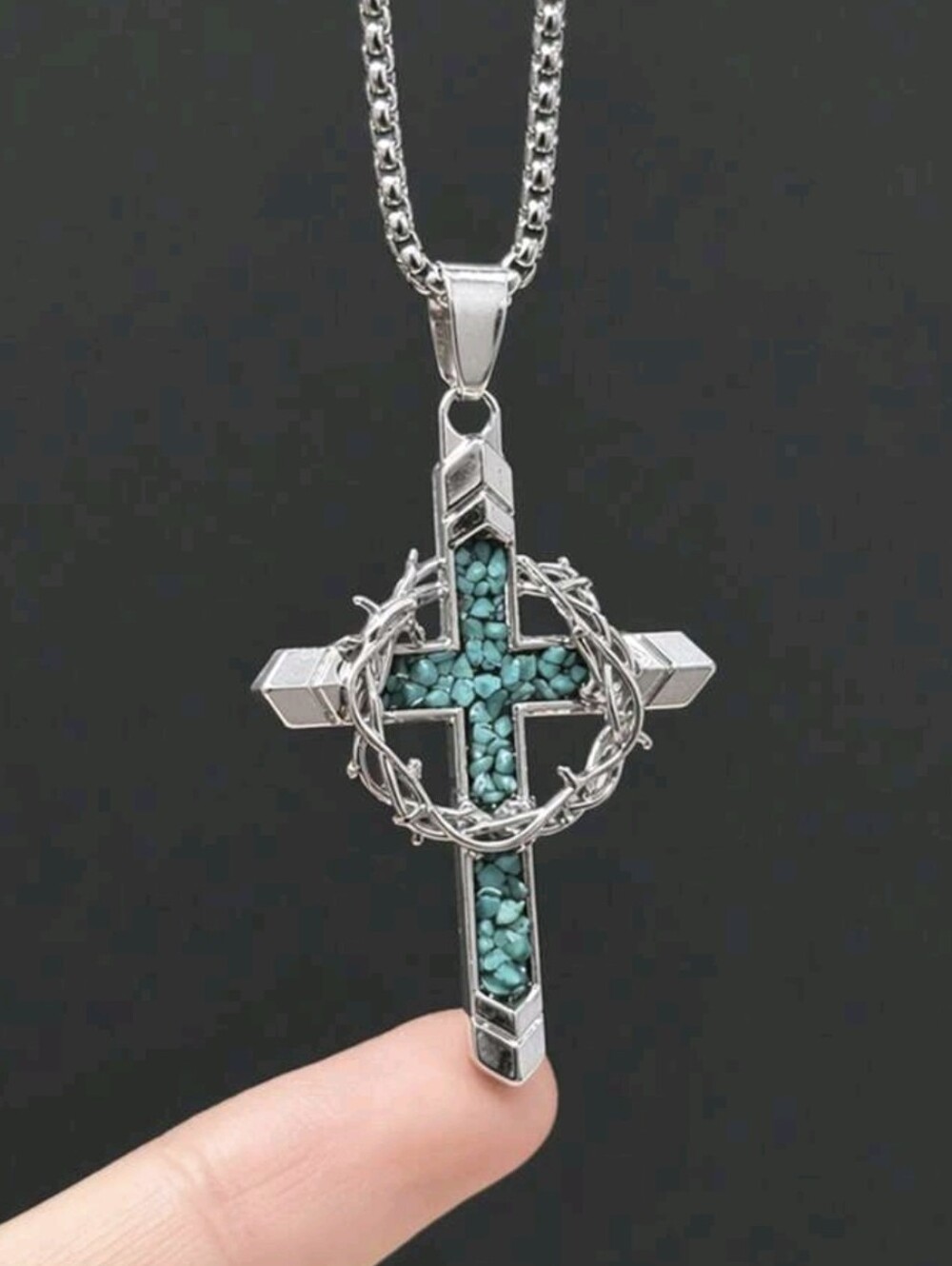 Silver Cross Pendant Necklace with Turquoise Inlay - Women Jewelry